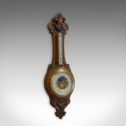 fig 1. Antique Aneroid Barometer, English, Oak, Banjo, CSSA Ltd, London, Circa 1910