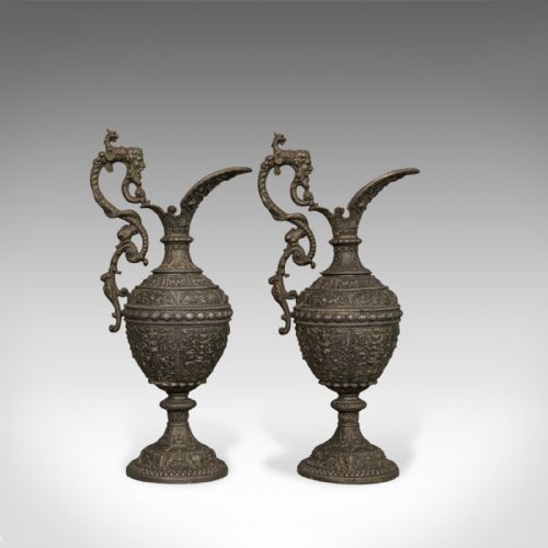 fig 1. Pair Of, Antique Ewers, Classical Taste, French, Bronze Spelter, Jug, Pitcher