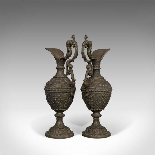 fig 3. Pair Of, Antique Ewers, Classical Taste, French, Bronze Spelter, Jug, Pitcher