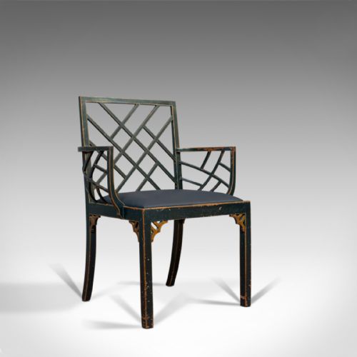 Antique Birdcage Elbow Chair, English, Painted, Leather, Regency, Circa 1820