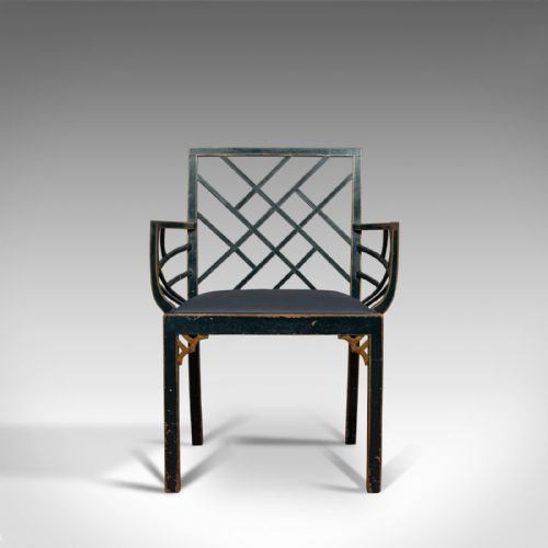 fig 1. Antique Birdcage Elbow Chair, English, Painted, Leather, Regency, Circa 1820
