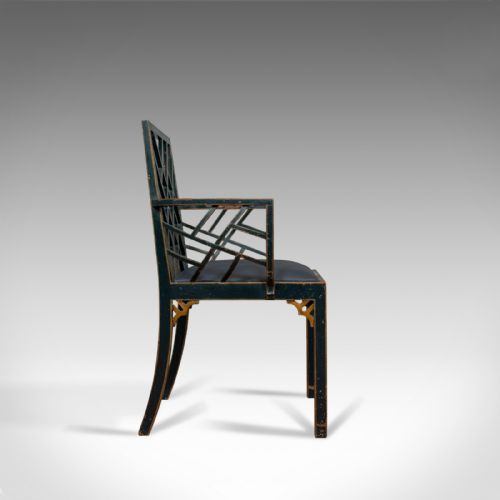 fig 3. Antique Birdcage Elbow Chair, English, Painted, Leather, Regency, Circa 1820