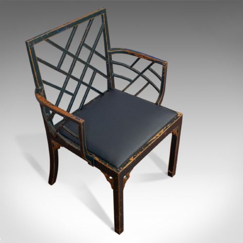 fig 4. Antique Birdcage Elbow Chair, English, Painted, Leather, Regency, Circa 1820
