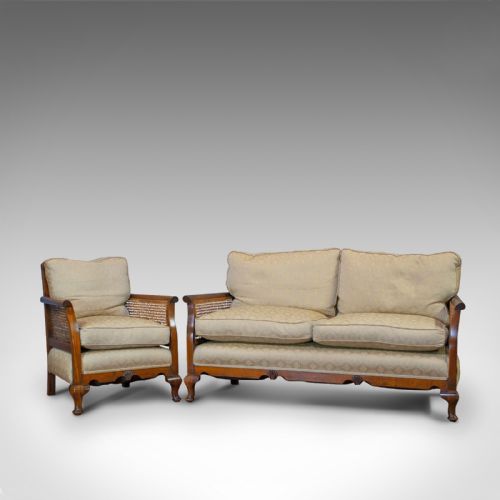Antique Bergere Suite, English, Beech, Cane, Chair, Sofa, Set, Edwardian