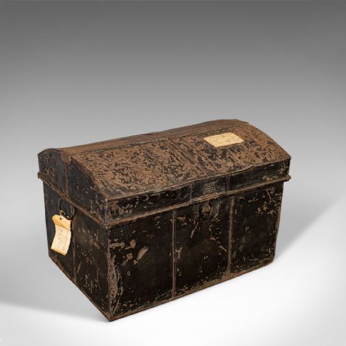 fig 1. Antique Travel Trunk, English, Tin, Shipping Chest, Wildman, Vice Consulate