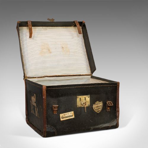 fig 1. Antique Travel Trunk, English, Personal Carriage Chest, Hatbox, Circa 1910