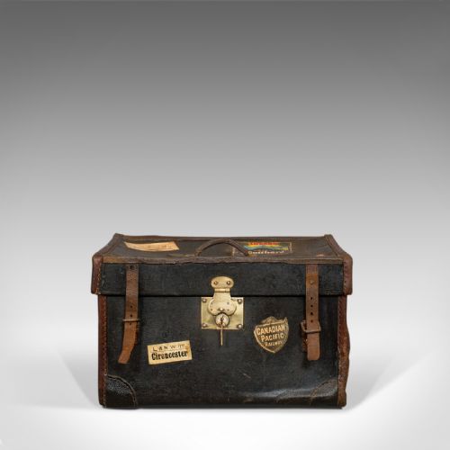 fig 2. Antique Travel Trunk, English, Personal Carriage Chest, Hatbox, Circa 1910