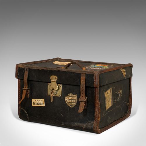 fig 3. Antique Travel Trunk, English, Personal Carriage Chest, Hatbox, Circa 1910