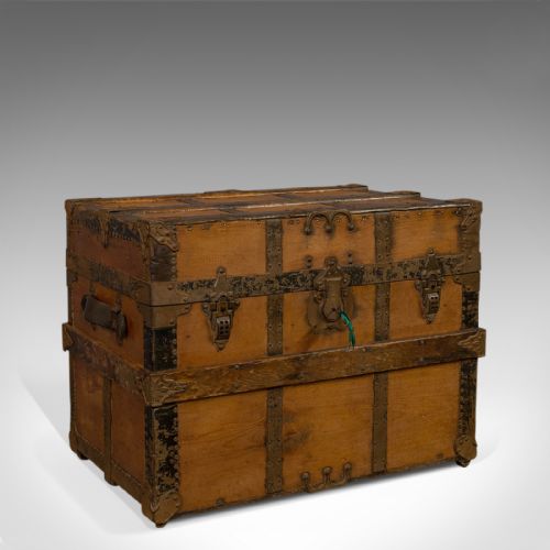 Antique Carriage Trunk, American, Spruce, Chest, Ae Meek, Circa 1890, Western