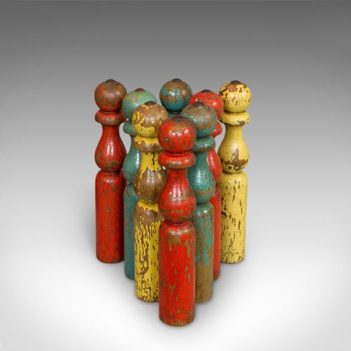 fig 1. Antique Skittles Set, English, Pine, Indoor, Garden, Bowling, Oak, Victorian