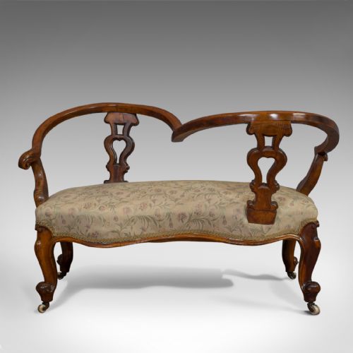 fig 4. Antique Conversation Sofa, English, Fruitwood, Loveseat, Tete-a-Tete, Courting