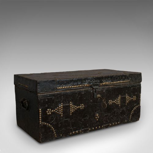Antique Merchant's Trunk, English, Metal Bound, Ebonised, Tool Chest, Victorian