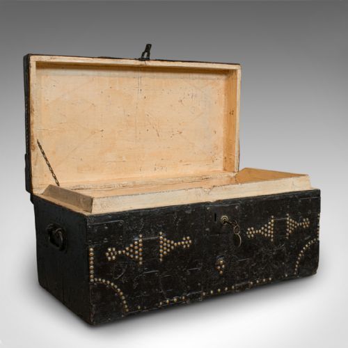 fig 1. Antique Merchant's Trunk, English, Metal Bound, Ebonised, Tool Chest, Victorian