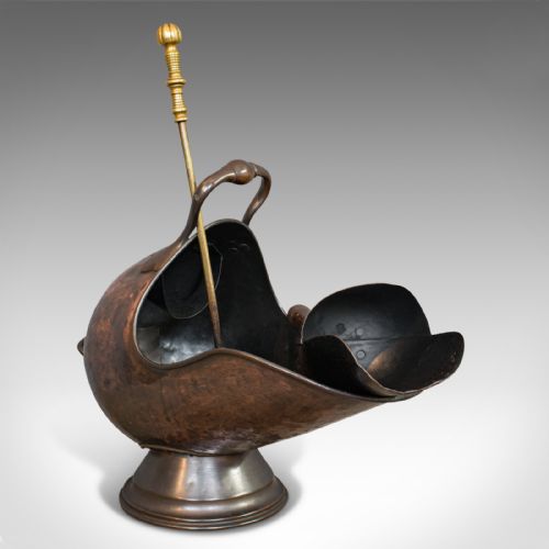 Antique Helmet Coal Scuttle, English, Copper, Fireside, Log Bucket, Victorian