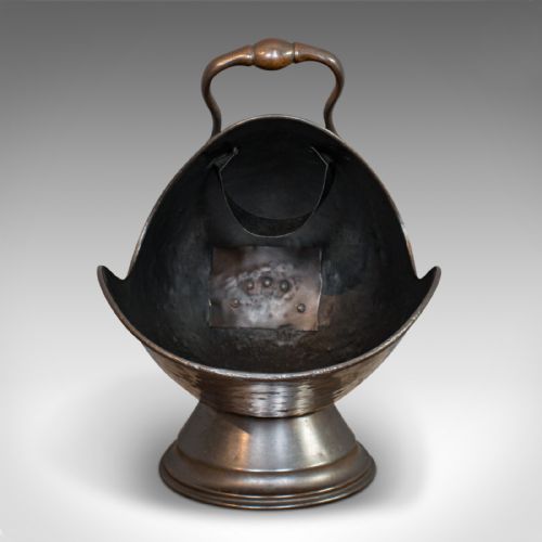fig 1. Antique Helmet Coal Scuttle, English, Copper, Fireside, Log Bucket, Victorian