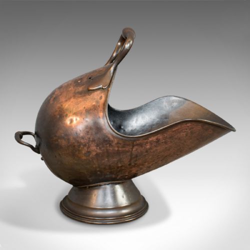 fig 3. Antique Helmet Coal Scuttle, English, Copper, Fireside, Log Bucket, Victorian
