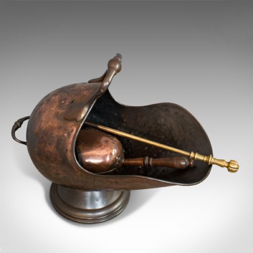 fig 4. Antique Helmet Coal Scuttle, English, Copper, Fireside, Log Bucket, Victorian