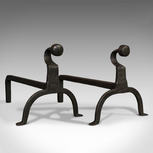Antique, Pair Of, Firedogs, English, Wrought Iron, Victorian, Fireside, Andirons
