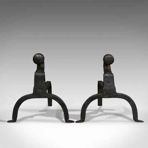 fig 1. Antique, Pair Of, Firedogs, English, Wrought Iron, Victorian, Fireside, Andirons