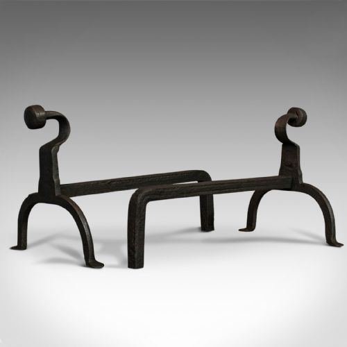 fig 2. Antique, Pair Of, Firedogs, English, Wrought Iron, Victorian, Fireside, Andirons