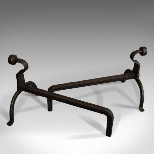 fig 3. Antique, Pair Of, Firedogs, English, Wrought Iron, Victorian, Fireside, Andirons