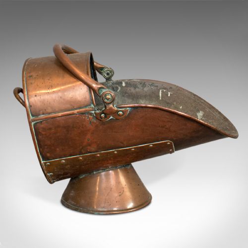 fig 1. Antique Coal Scuttle, English, Copper, Fireside, Coal, Log Bucket, Circa 1890