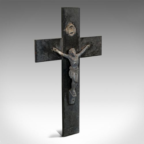 Antique Wall Crucifix, English, Bronze Spelter, Slate, Jesus Christ on Cross
