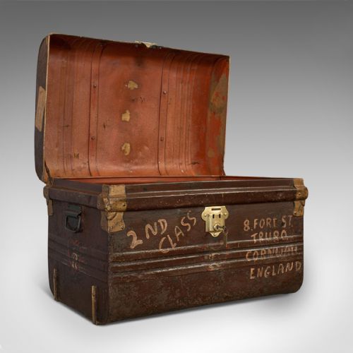 Antique Carriage Trunk, English, Steel, Railway, Steamer, Chest, Victorian
