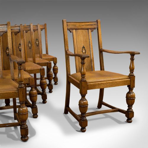 Set of 6, Antique Dining Chairs, English, Golden Oak, Edwardian, Circa 1910
