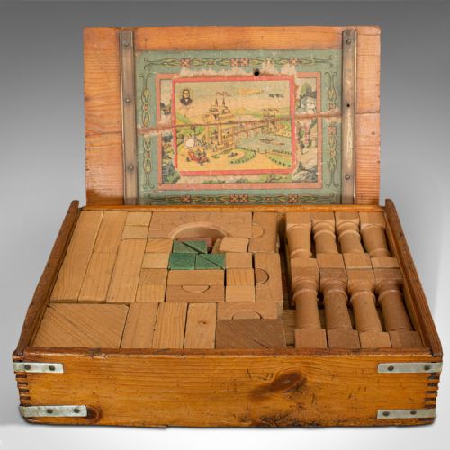 fig 3. Antique Building Block Set, German, Pine, Froebel, Toy Box, Edwardian, C.1910