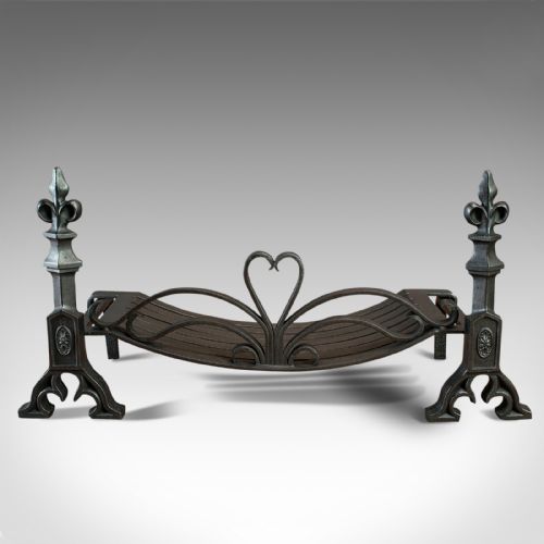 fig 1. Antique Fireplace Set, English, Fire Grate, Andirons, Art Nouveau, Victorian