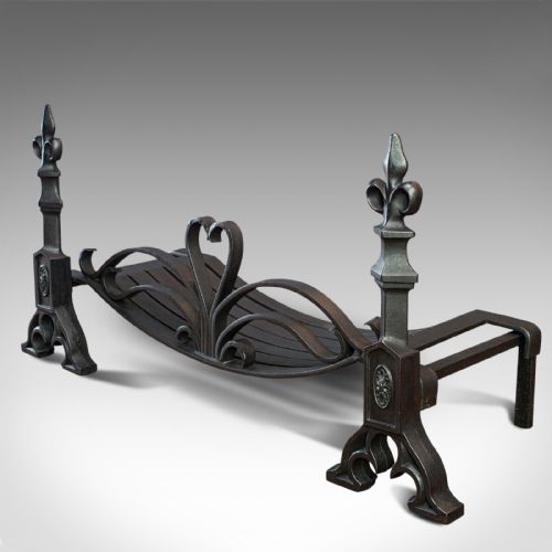 fig 2. Antique Fireplace Set, English, Fire Grate, Andirons, Art Nouveau, Victorian