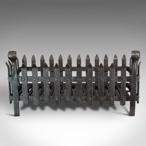 fig 1. Antique Fire Grate, English, Wrought Iron, Fireside Basket, Victorian, C.1880