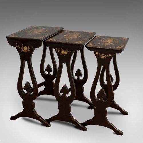 Antique Nest of Occasional Tables, Oriental, Trio, Japanned, Victorian, C.1880