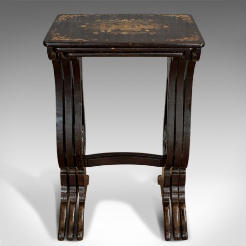 fig 2. Antique Nest Of Occasional Tables, Oriental, Trio, Japanned, Victorian, C.1880