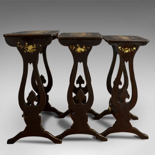 fig 3. Antique Nest Of Occasional Tables, Oriental, Trio, Japanned, Victorian, C.1880