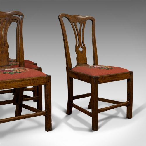 Antique Set of 4 Dining Chairs, Oak, Country House, Chippendale Style, Georgian