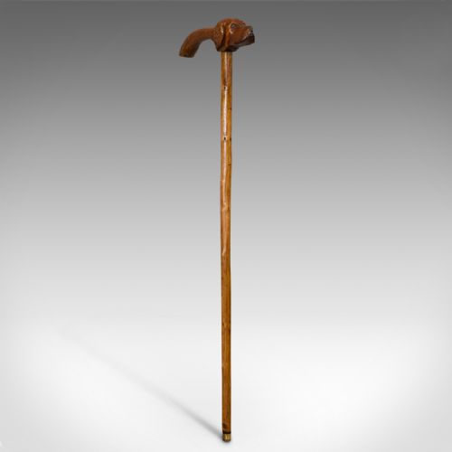Antique Walking Cane, Fruitwood, Carved Country Shooting Stick, Dog, Victorian
