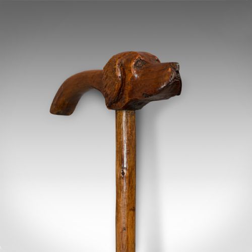 fig 1. Antique Walking Cane, Fruitwood, Carved Country Shooting Stick, Dog, Victorian