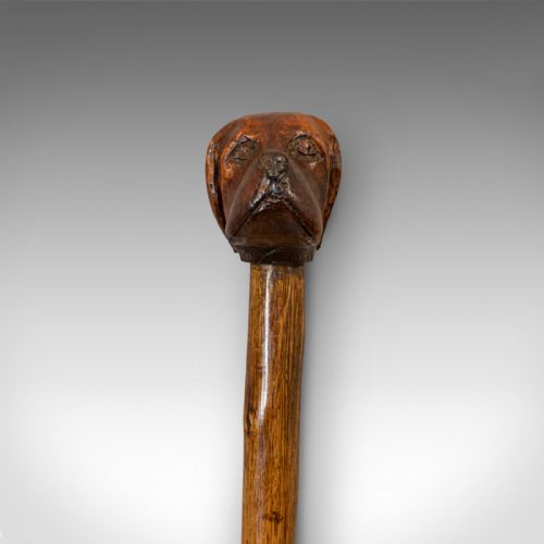 fig 2. Antique Walking Cane, Fruitwood, Carved Country Shooting Stick, Dog, Victorian