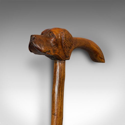 fig 3. Antique Walking Cane, Fruitwood, Carved Country Shooting Stick, Dog, Victorian