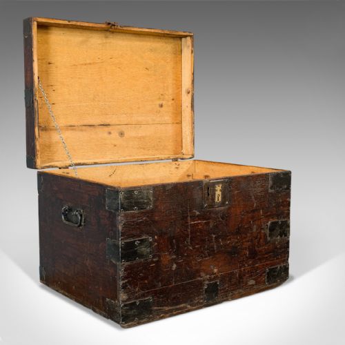 fig 1. Antique Carriage Chest, English, Pine, Bound Travel Trunk, Victorian, Circa 1900