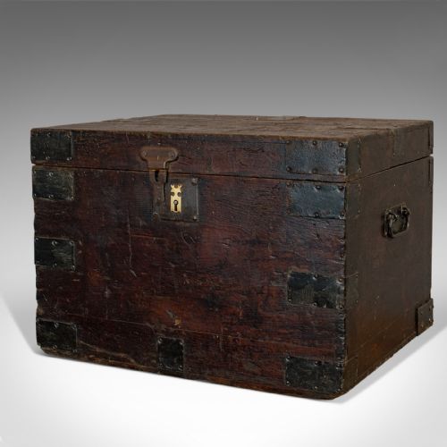 fig 3. Antique Carriage Chest, English, Pine, Bound Travel Trunk, Victorian, Circa 1900