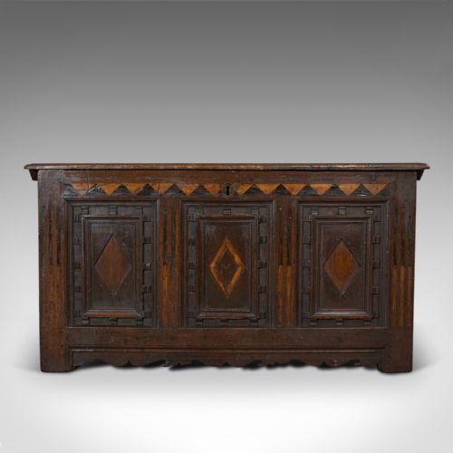 fig 2. Antique Coffer, English, Oak, 3 Panel, Linen Chest, Trunk, William III, C.1700