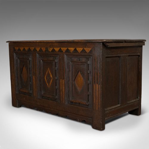 fig 3. Antique Coffer, English, Oak, 3 Panel, Linen Chest, Trunk, William III, C.1700