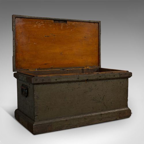 fig 1. Antique Workman's Trunk, English, Pine, Carriage Chest, Victorian, Circa 1880