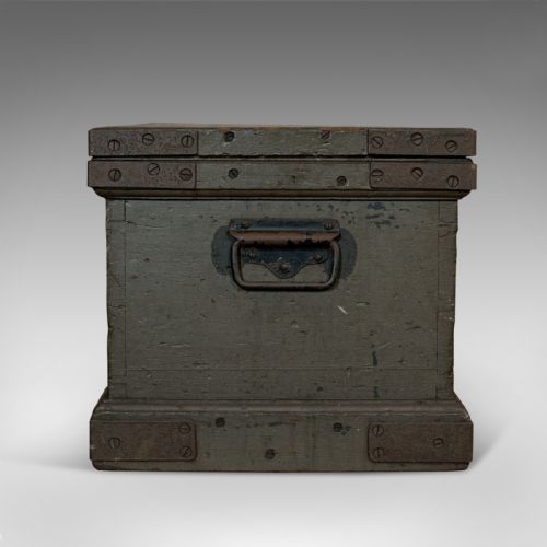 fig 4. Antique Workman's Trunk, English, Pine, Carriage Chest, Victorian, Circa 1880