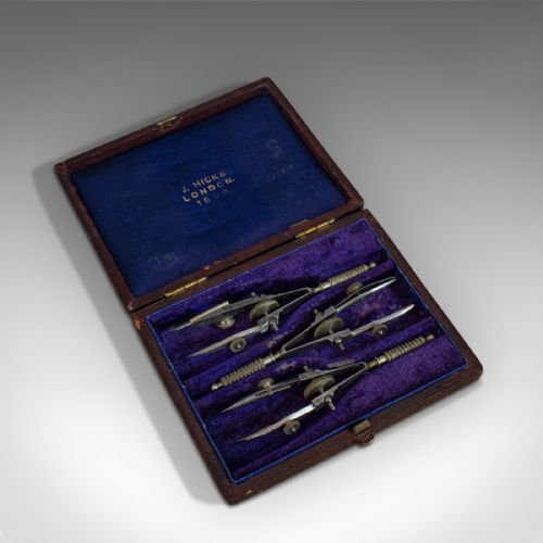 fig 3. Small Antique Draughtsman's Compass Set, Architect's, Technical Drawing, Hicks