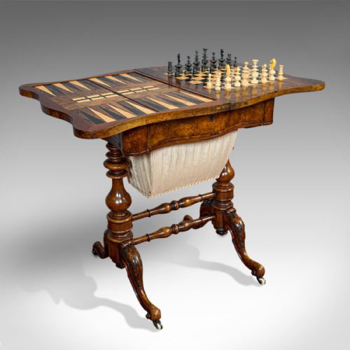 Antique Games Table, English, Walnut, Burr, Chess, Backgammon, Victorian, C.1860