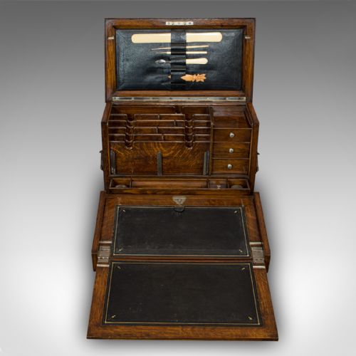 fig 1. Antique Writing Slope, English, Oak, Travelling Correspondence Box, Edwardian